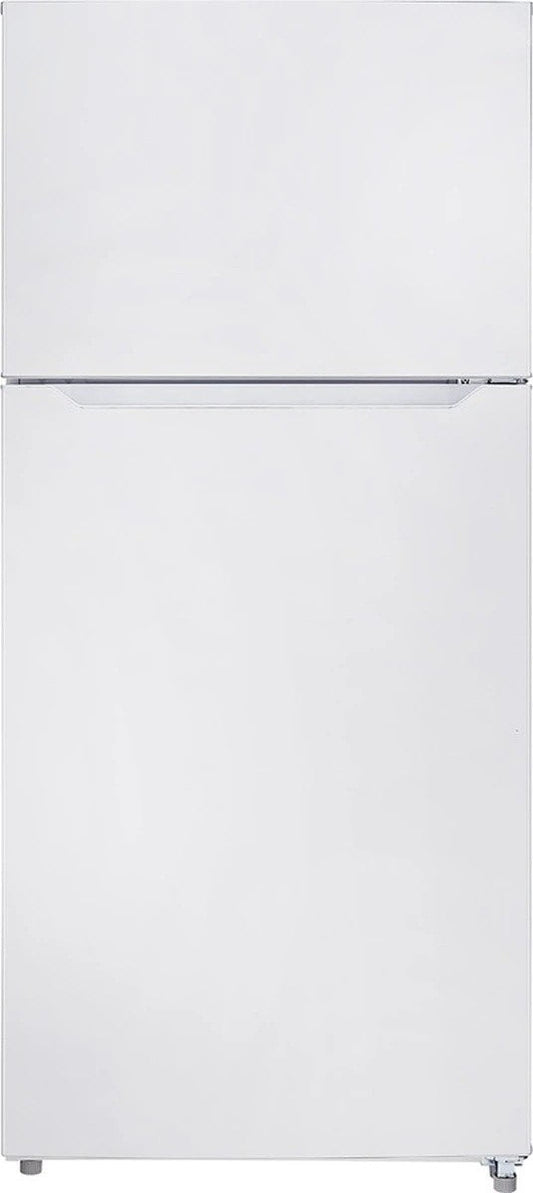 Front view of a white Climatic GRMH185AW top-freezer refrigerator with two doors