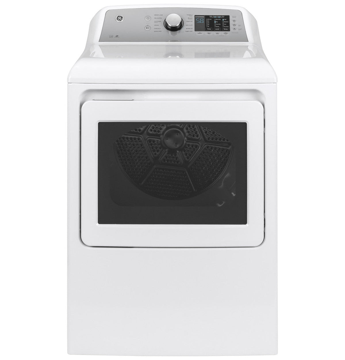 GE GTD72EBSNWS white electric dryer with silver backsplash, front exterior