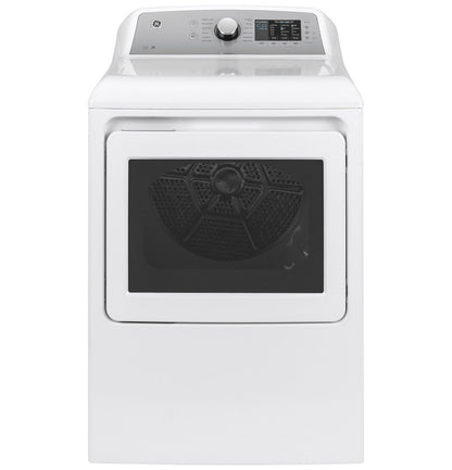 GE GTD72EBSNWS white electric dryer with silver backsplash, front exterior
