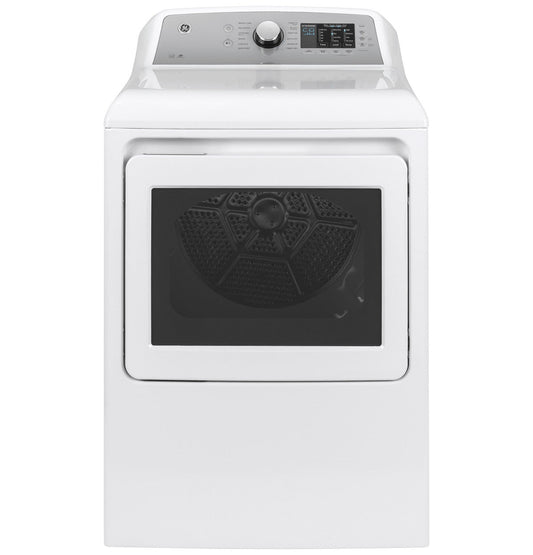 GE GTD72EBSNWS white electric dryer with silver backsplash, front exterior