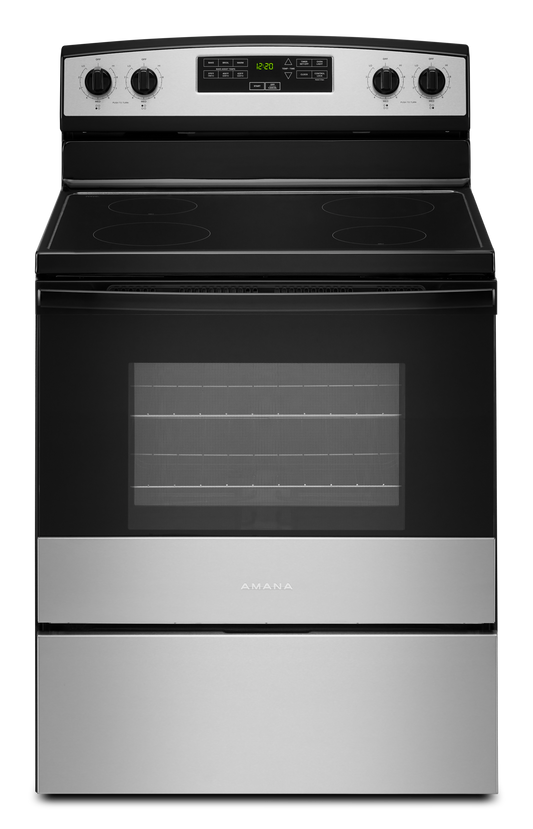 Amana AER6303MMS electric range, stainless closed-front exterior