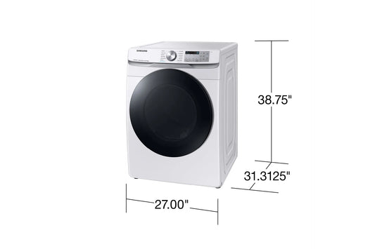 Samsung DVE45B6300W white dryer, dimensions diagram: 27 in. wide, 31 5/16 in. deep, 38 3/4 in. high