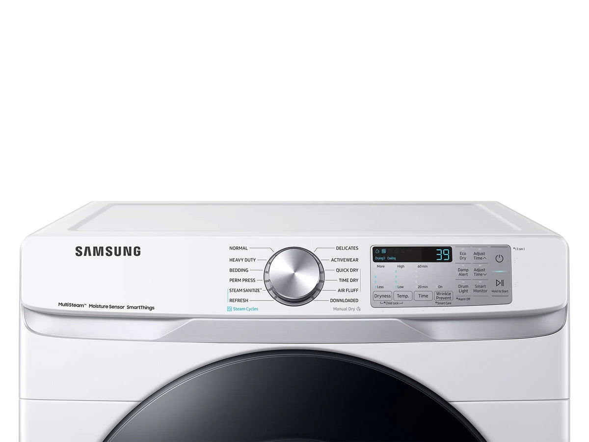 Samsung DVE45B6300W white dryer, control panel detail