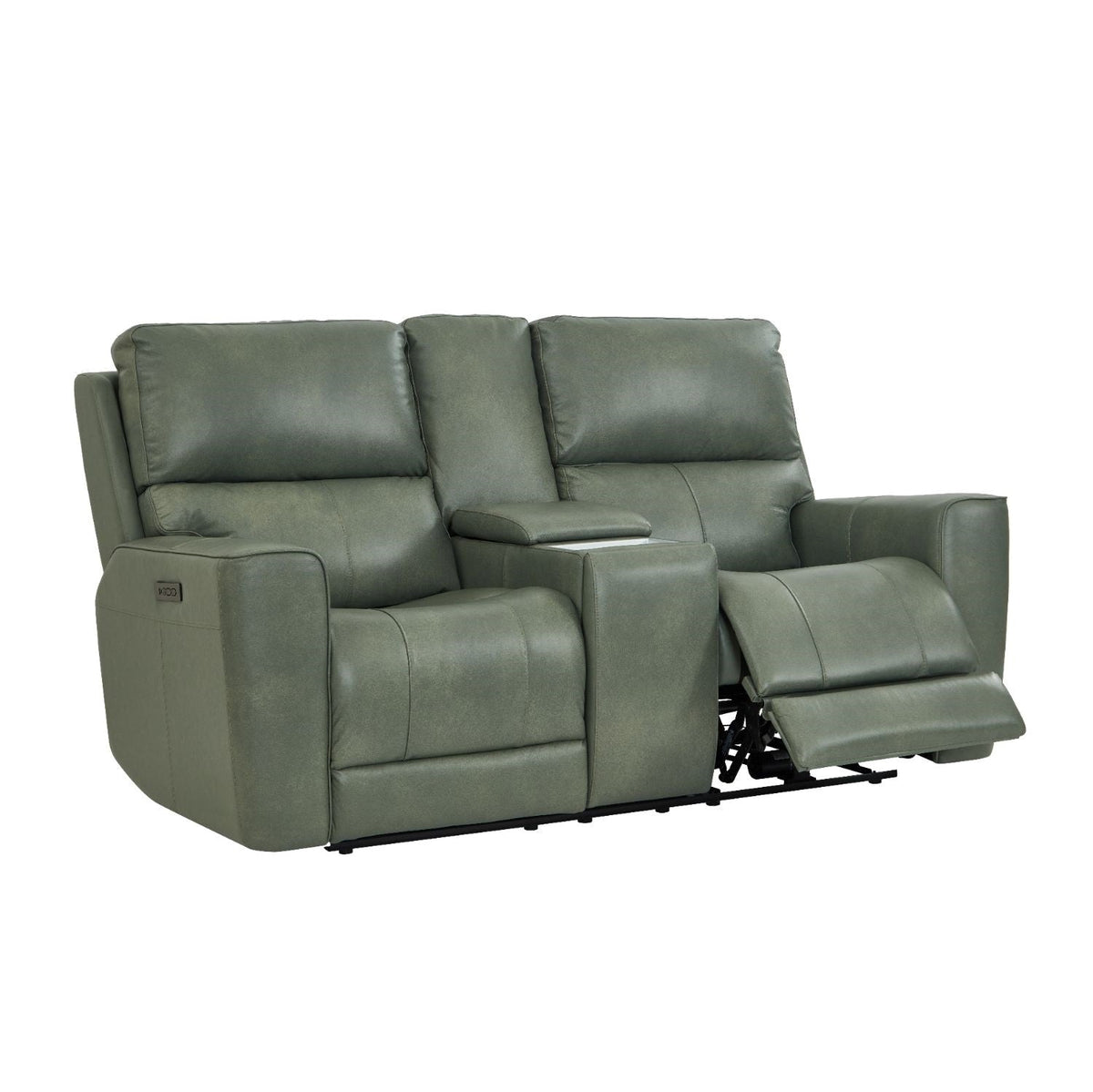 Leather Italia Laredo Sage Moss console loveseat with right footrest extended