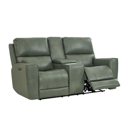 Leather Italia Laredo Sage Moss console loveseat with right footrest extended