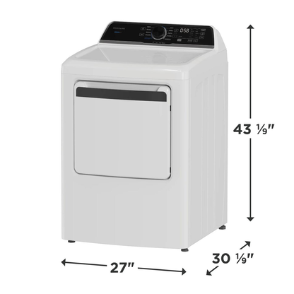 Frigidaire FLVE7523BW dryer dimensions: 27 inches wide, 30.1 inches deep, 43.1 inches high