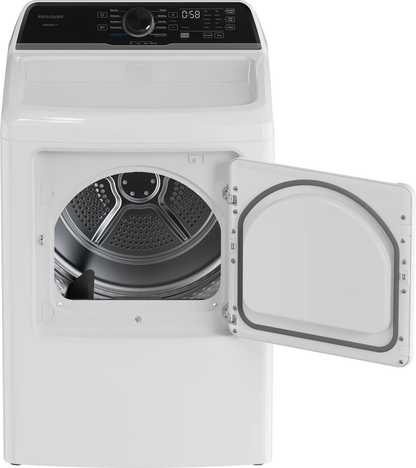 Frigidaire FLVE7523BW dryer with door open, showing the drum