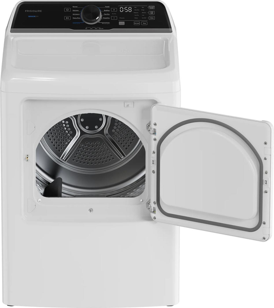 Frigidaire FLVE7523BW dryer with door open, showing the drum