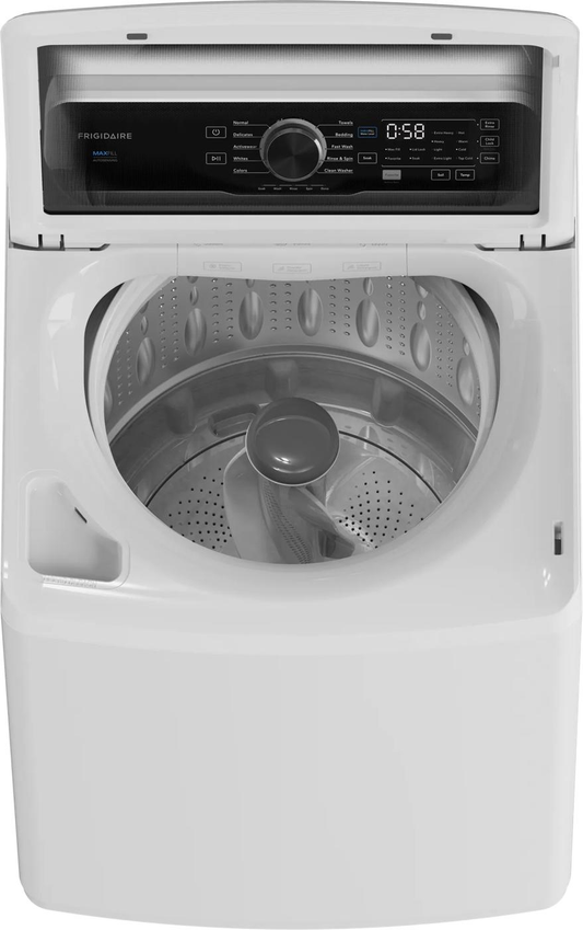 Frigidaire FLVW7523BW washer with lid open, showing the stainless steel drum and agitator