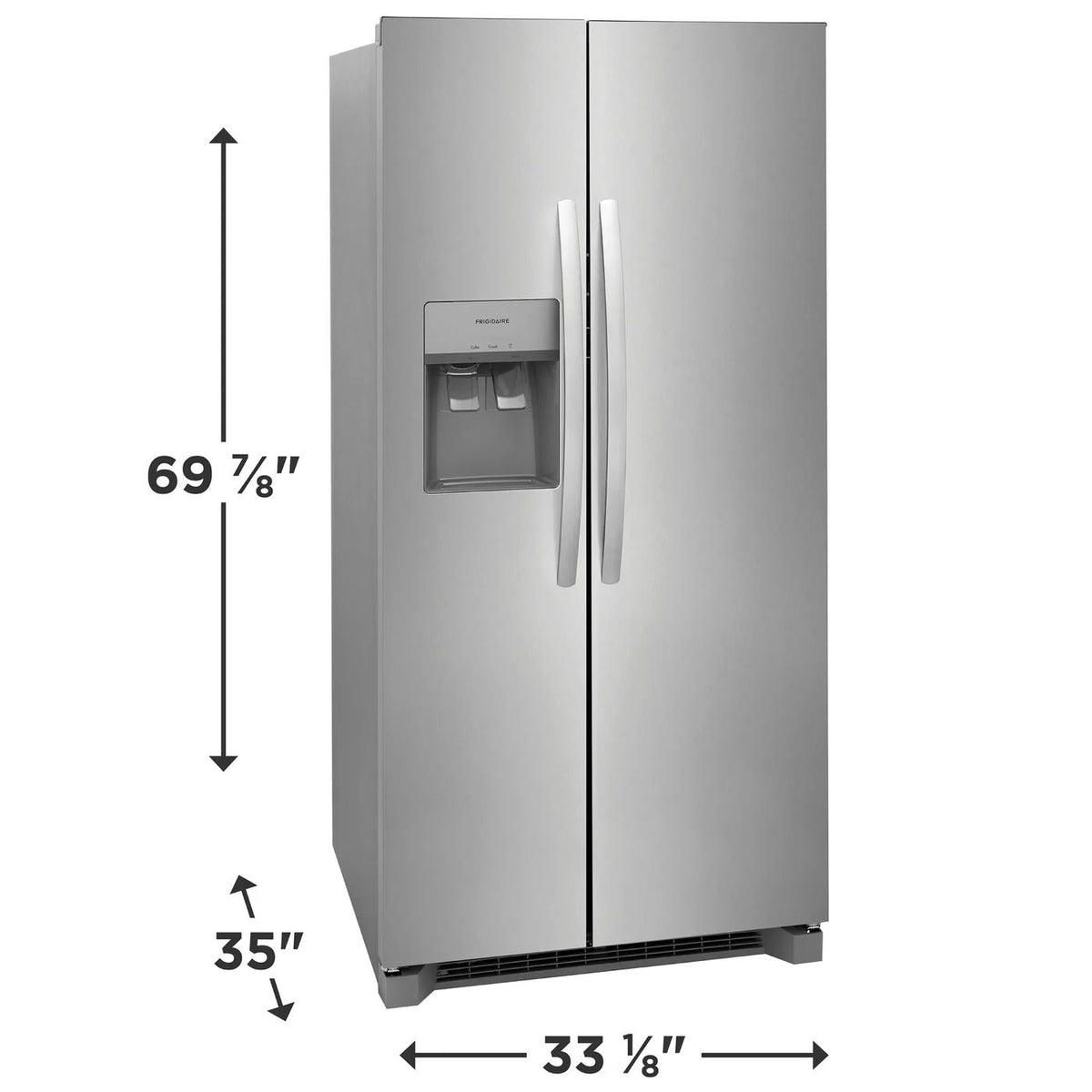 Frigidaire FRSS2323AS refrigerator with width, height, and depth marked