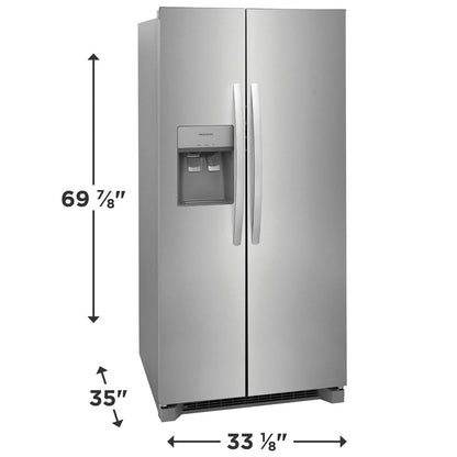 Frigidaire FRSS2323AS refrigerator with width, height, and depth marked