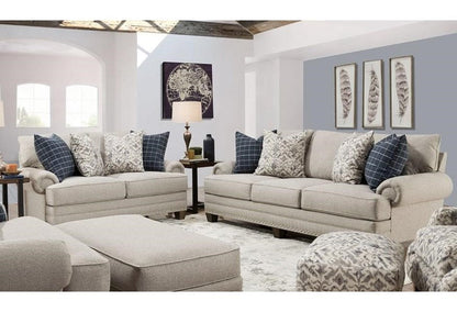 Franklin Fletcher Barnabas Mushroom sofa with separately sold loveseat and accent pieces in room