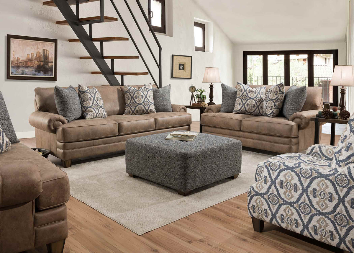 Franklin Sicily Chief Hazelnut sofa in room with separately sold matching seating and accents