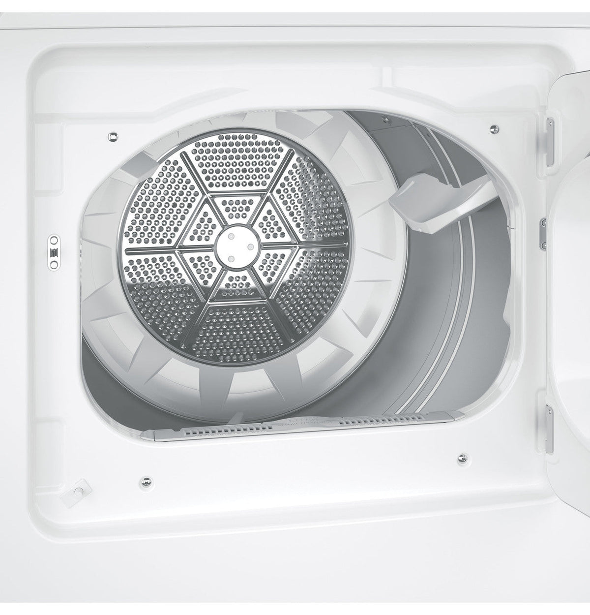 GE GTD42EASJWW electric dryer, open door and aluminized alloy drum