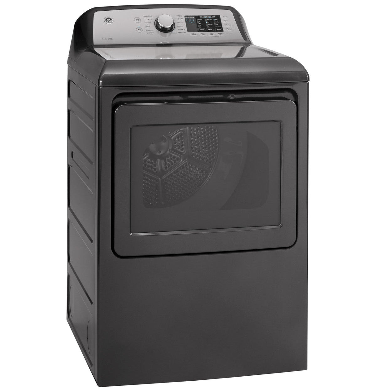GE GTD72EBPNDG Diamond Gray electric dryer, angled exterior