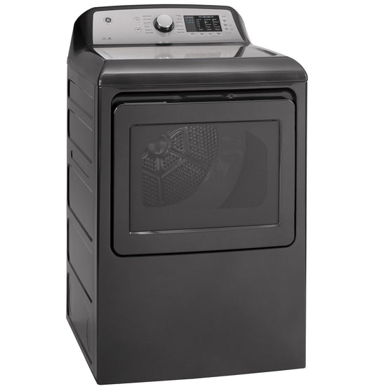 GE GTD72EBPNDG Diamond Gray electric dryer, angled exterior