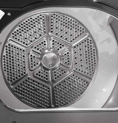 GE GTD84ECPNDG electric dryer, aluminized alloy drum detail
