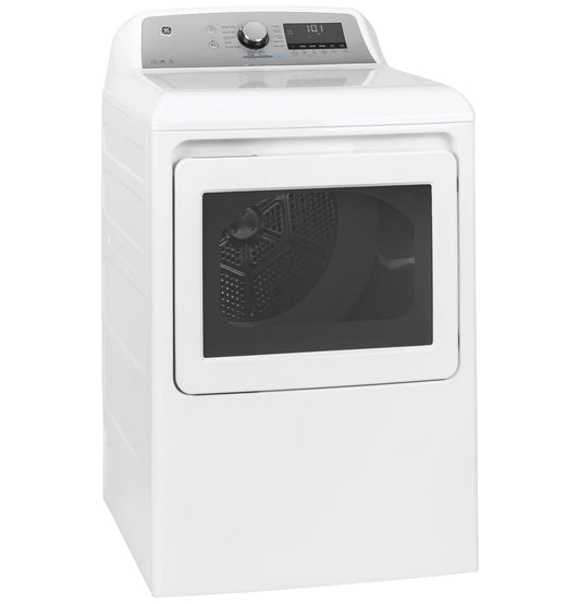 GE GTD84ECSNWS white electric dryer, angled exterior