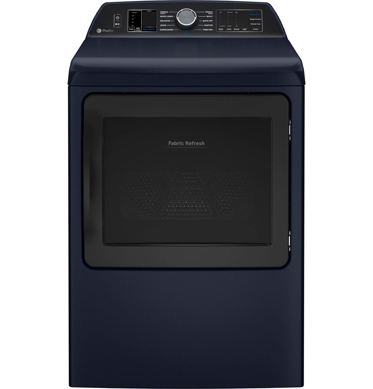 GE Profile PTD90EBPTRS Sapphire Blue electric dryer, clean front exterior