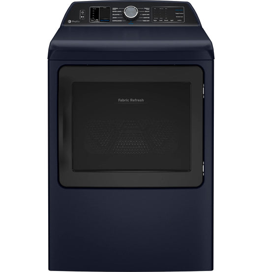 GE Profile PTD90EBPTRS Sapphire Blue electric dryer, clean front exterior