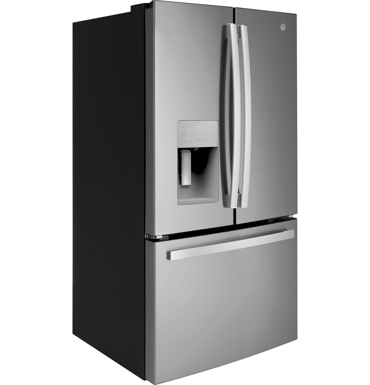 GE GFE26JYMFS refrigerator, angled front exterior