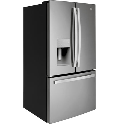 GE GFE26JYMFS refrigerator, angled front exterior