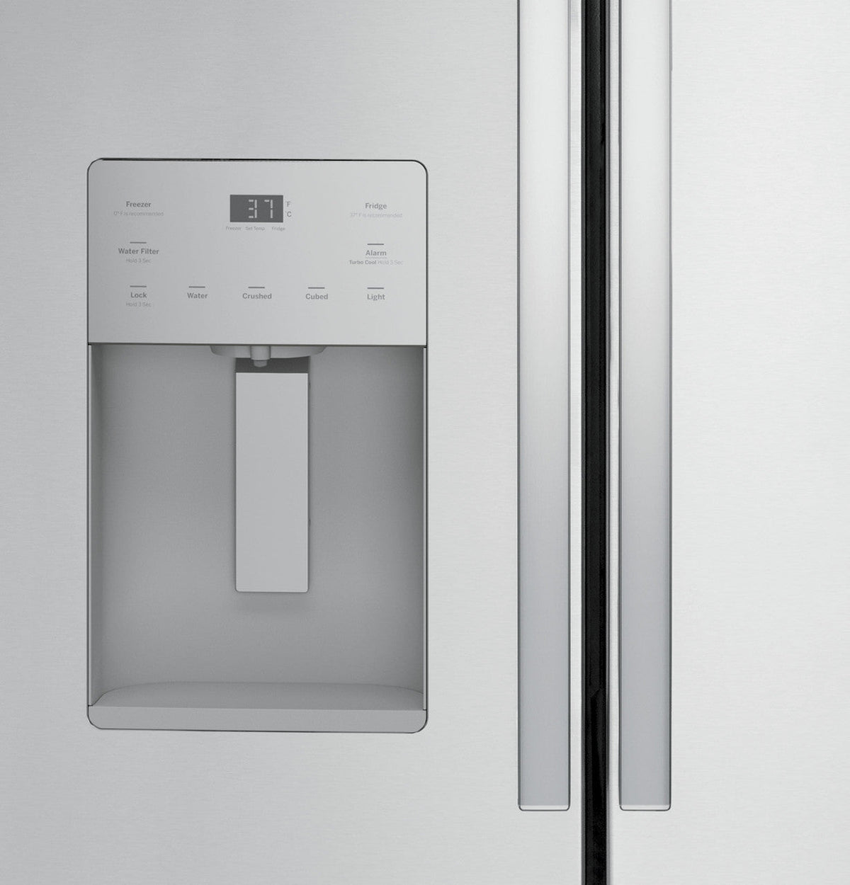 GE GFE26JYMFS refrigerator, water and ice dispenser detail