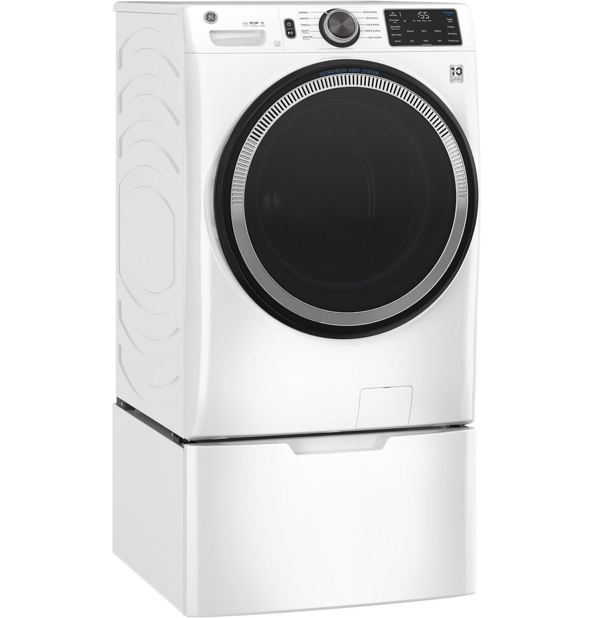 GE GFW550SSNWW White washer, shown on optional pedestal sold separately