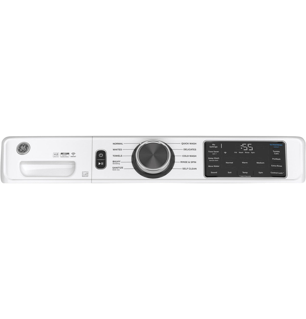 GE GFW550SSNWW White washer, control panel detail