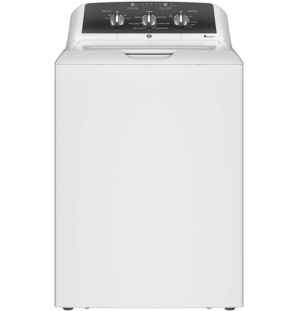 GE GTW525ACWWB white top-load washer, front exterior view