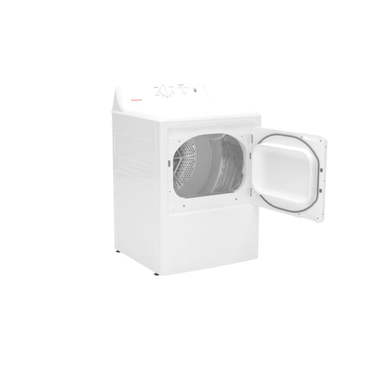Hotpoint HTX26EASWWW electric dryer with door open, showing the drum