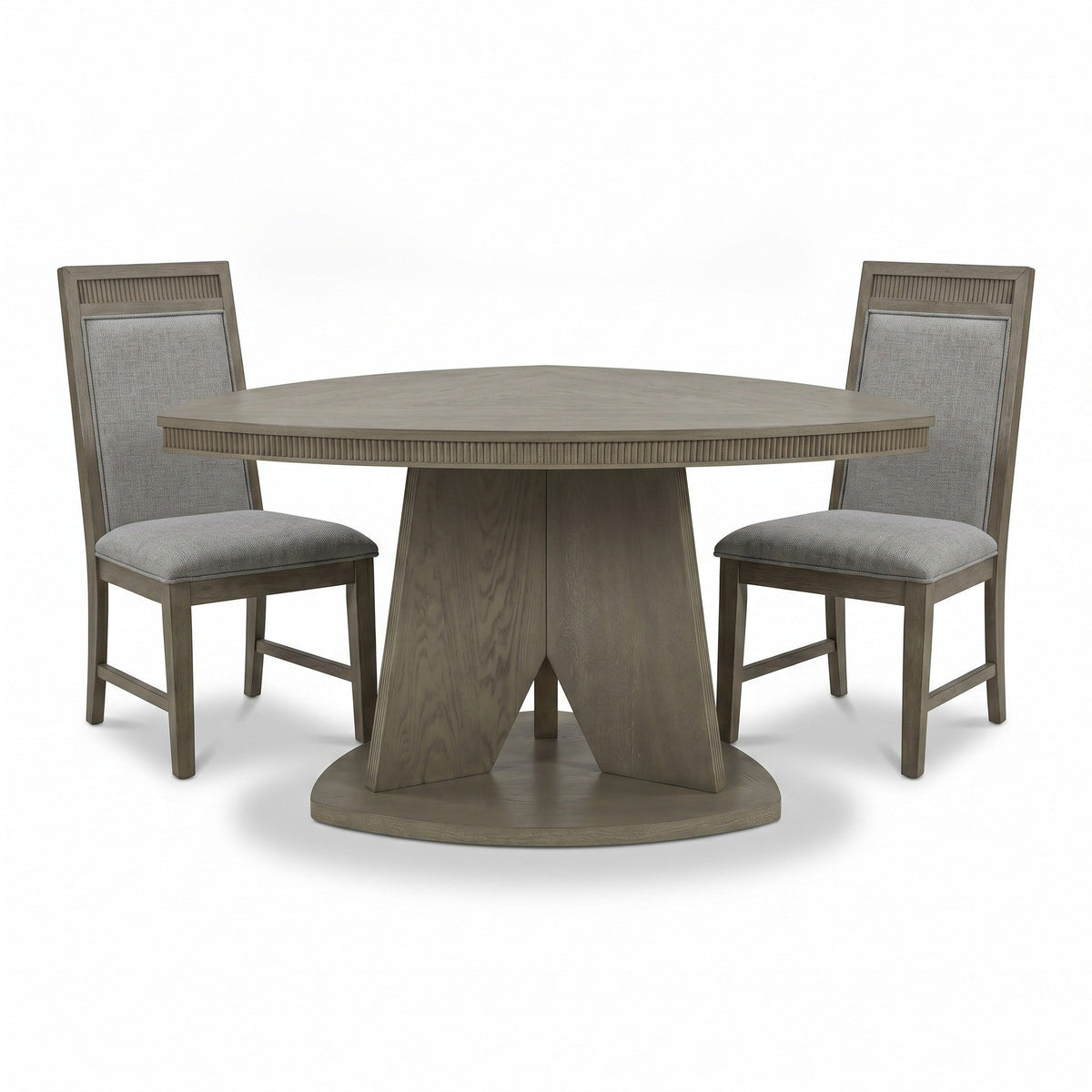C9608 triangular dining table with two upholstered side chairs