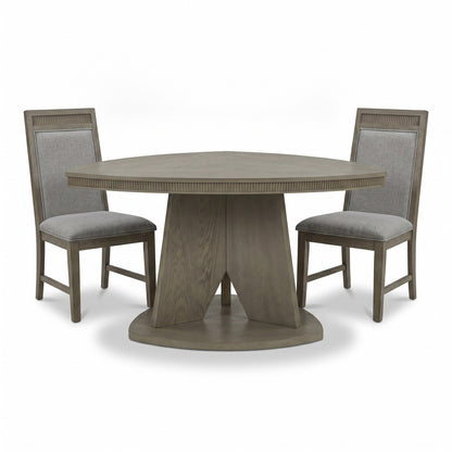 C9608 triangular dining table with two upholstered side chairs