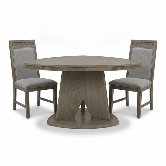 C9608 triangular dining table with two upholstered side chairs