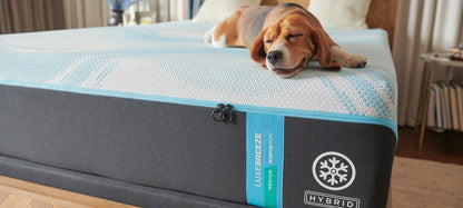 Tempur-Pedic LuxeBreeze 2.0 Medium Hybrid mattress cover and Hybrid label detail; photographed size may differ from Queen
