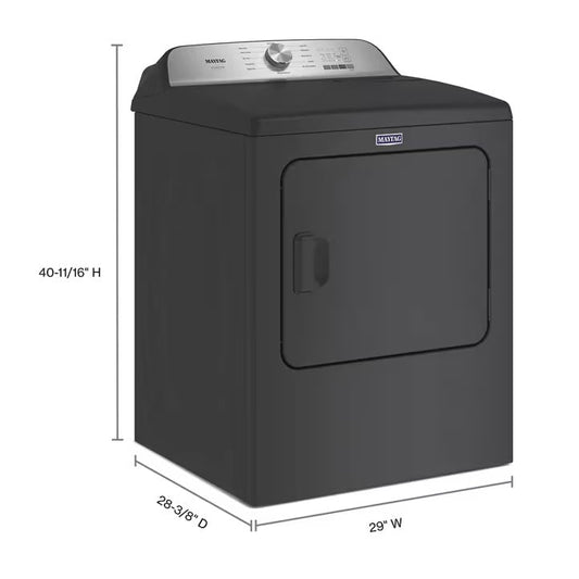 Maytag MED6500MBK Volcano Black electric dryer with width, depth and height dimensions