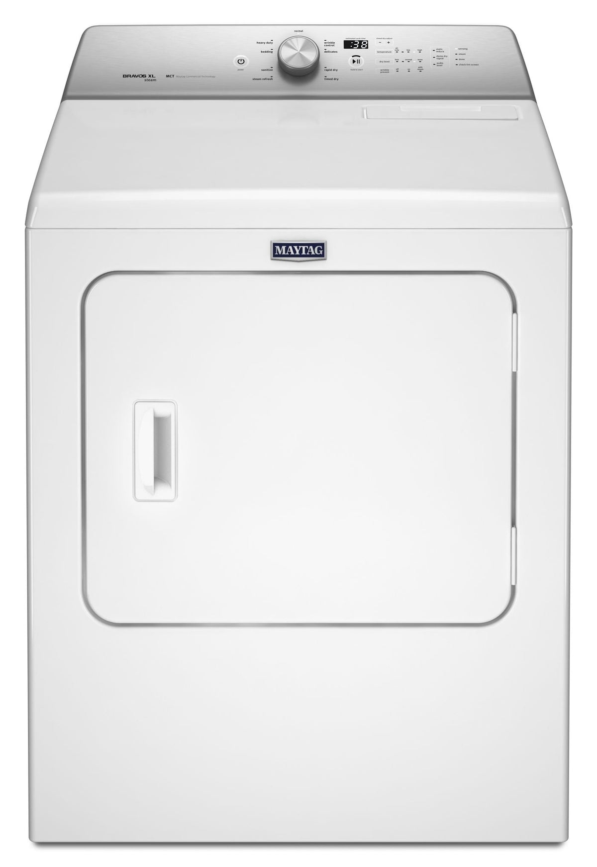 Maytag MEDB766FW white electric dryer, front exterior