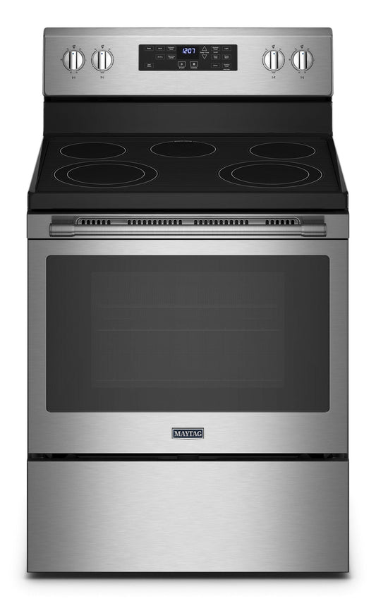 Maytag MER7700LZ fingerprint-resistant stainless steel electric range, front view