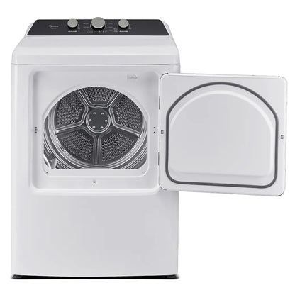 Midea MLTE41N1BWW white electric dryer, door open and drum visible