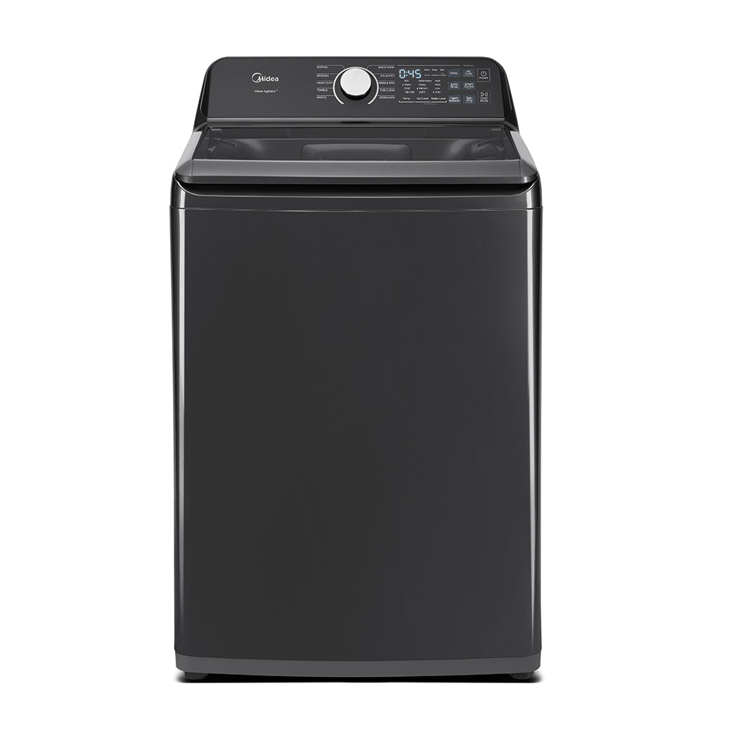 Midea MLTW44A4BMG Metallic Grey top-load washer, lid closed front exterior