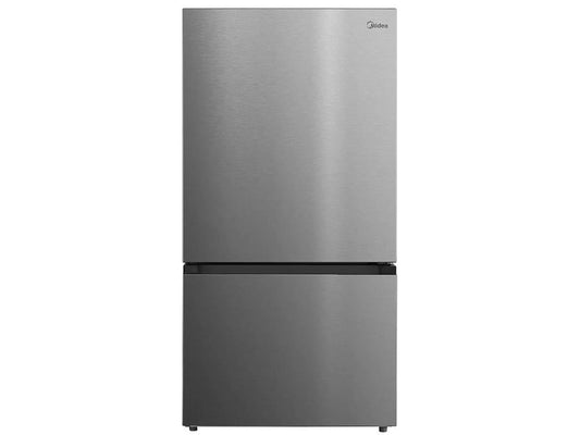Midea MRB23D5AST stainless steel bottom-freezer refrigerator, closed front view
