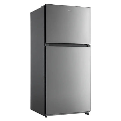 Midea MRT18D3BST stainless top-freezer refrigerator, angled exterior view