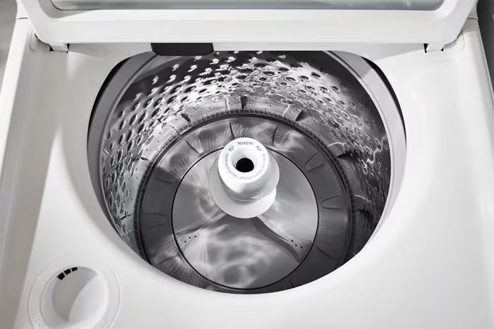 Maytag MTW5205TW washer with lid open, showing the stainless steel basket and agitator