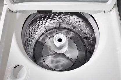 Maytag MTW5205TW washer with lid open, showing the stainless steel basket and agitator