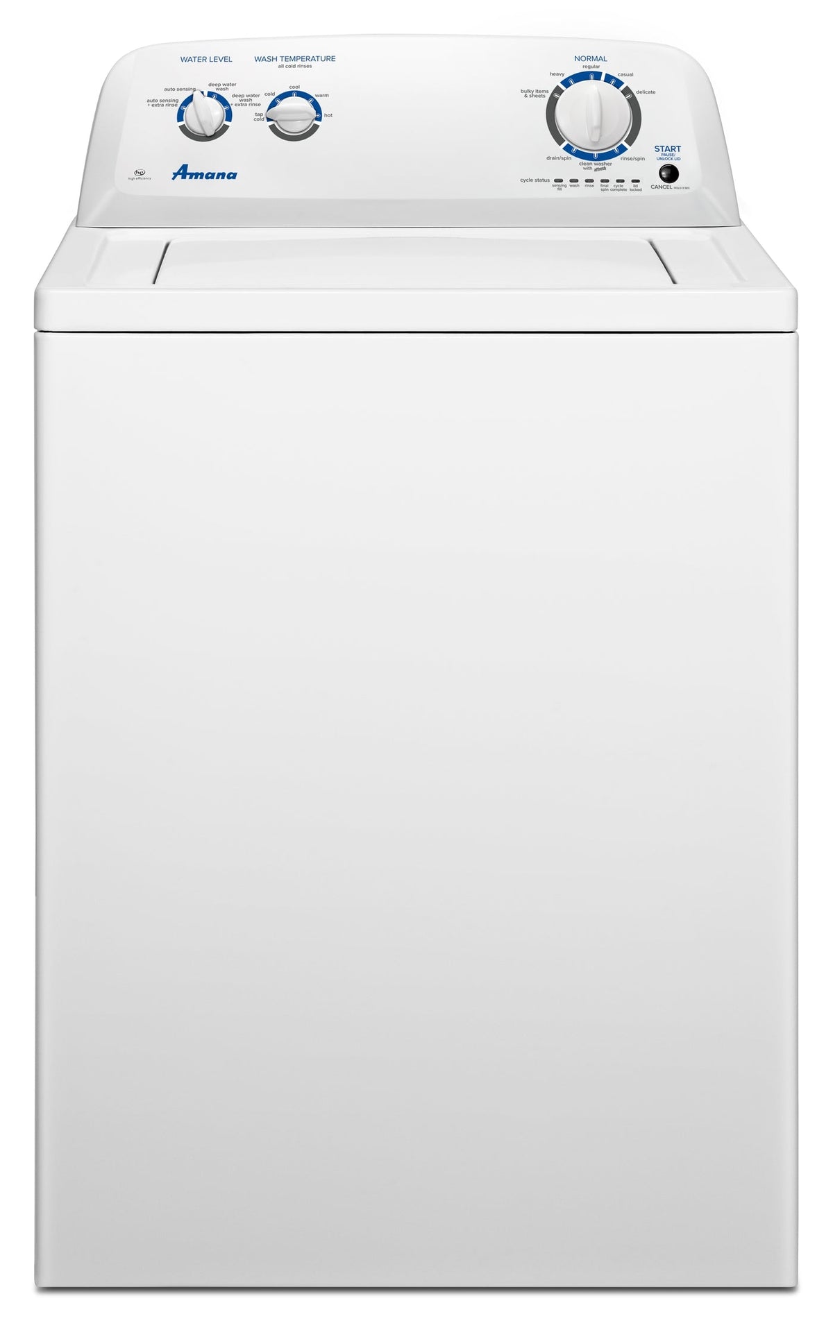 Amana NTW4516FW white top-load agitator washer, closed front exterior