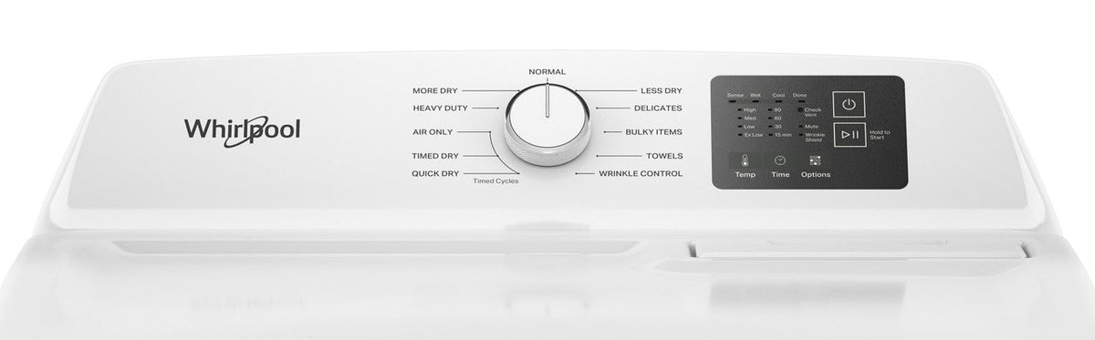 Whirlpool WED4307SW white dryer, control panel detail