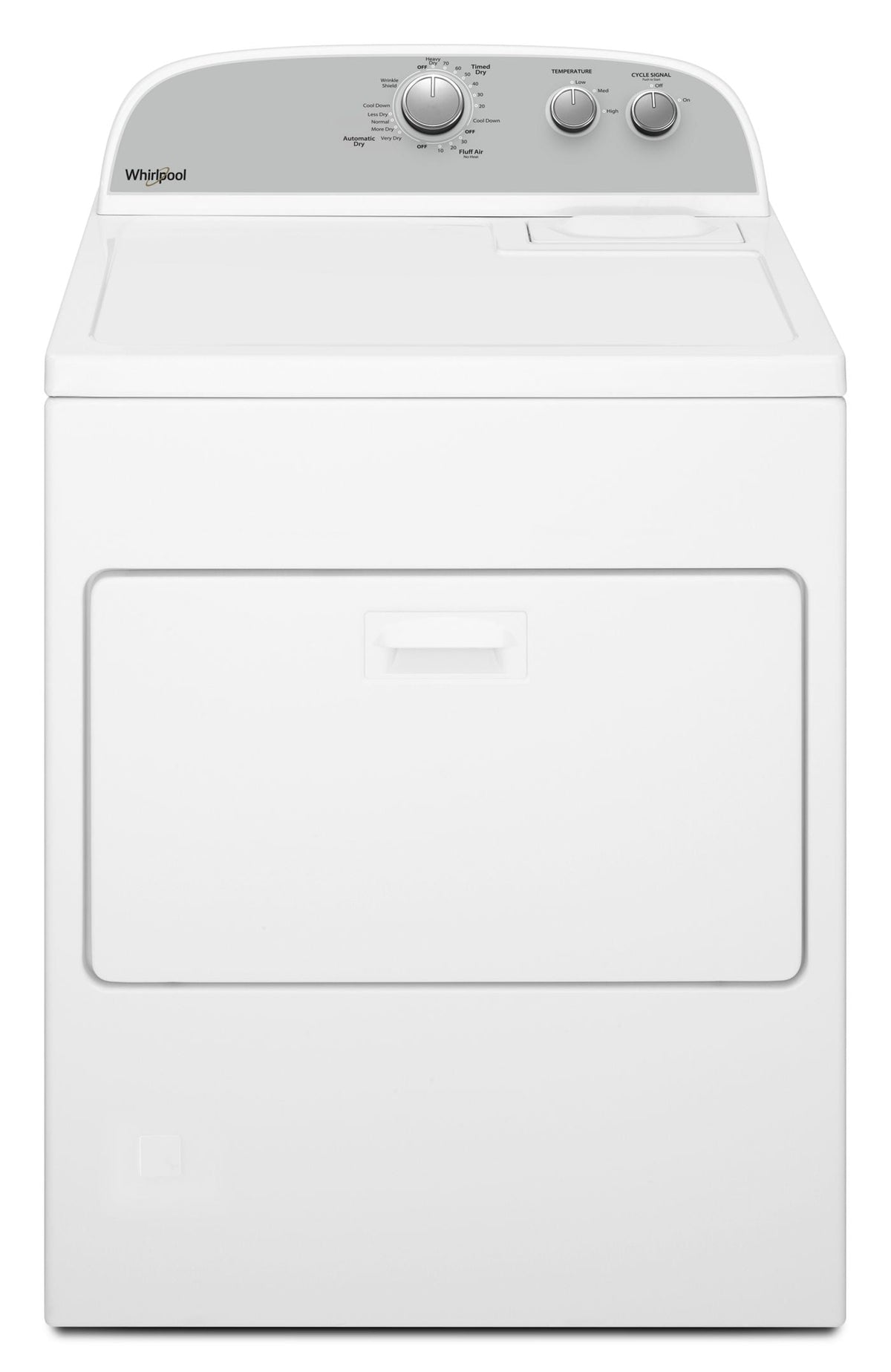 Whirlpool WED4950HW white electric dryer with hamper door, front exterior