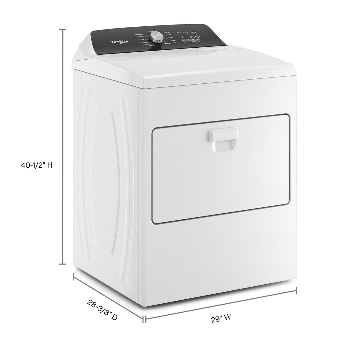 Whirlpool WED5010LW white electric dryer, exterior and dimensions