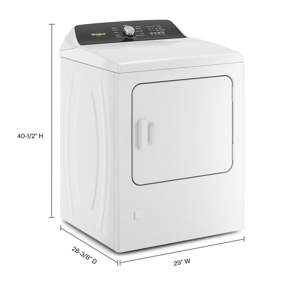 Whirlpool WED5050LW white electric dryer, exterior and dimensions