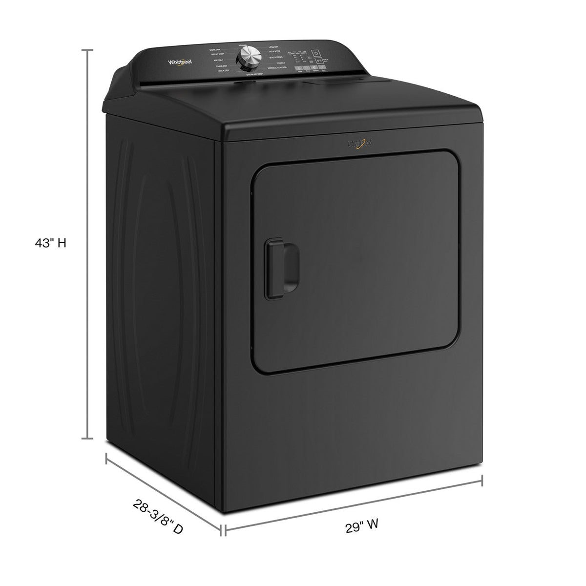 Whirlpool WED6150PB Volcano Black electric dryer, exterior and dimensions